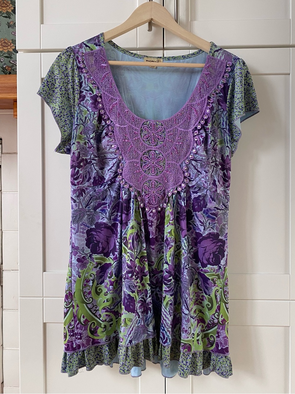 One World Floral Boho Lace & Rhinestone Detailed Tunic Blouse